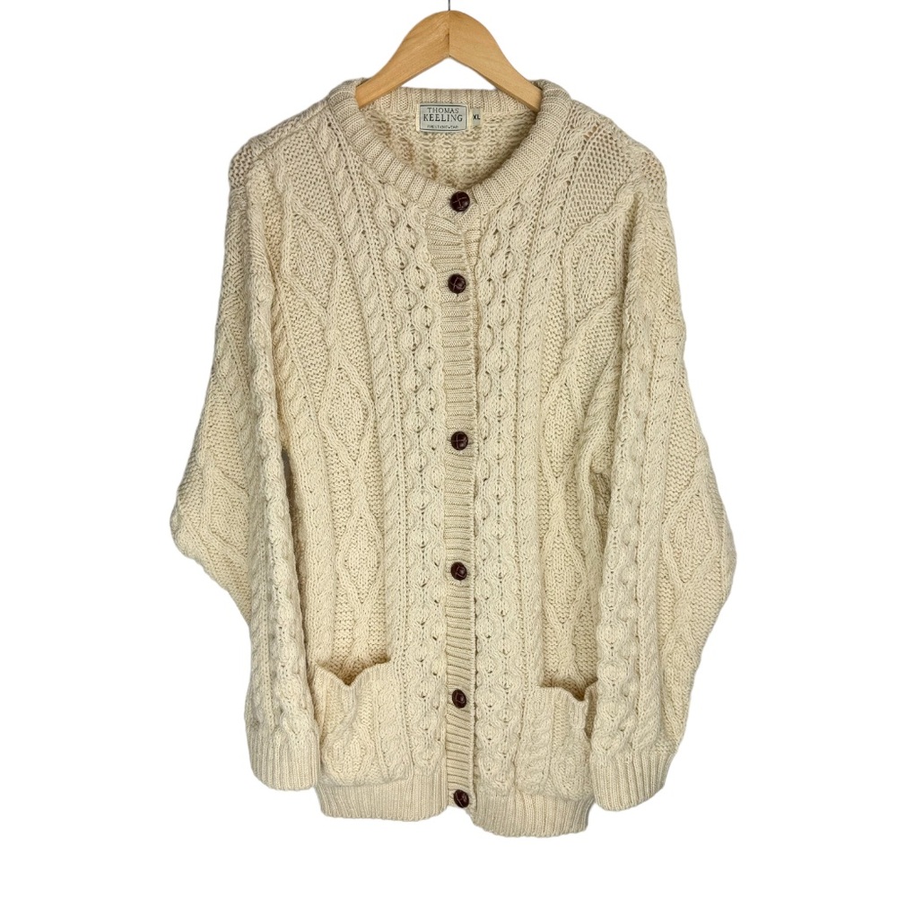 Thomas Keeling Wool Fisherman Sweater Cardigan Sz XL Chunky Hand Knit